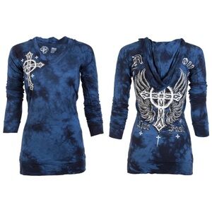 Affliction Navy Tie-Dye V-Neck Hoodie with Graphic Wings & Cross